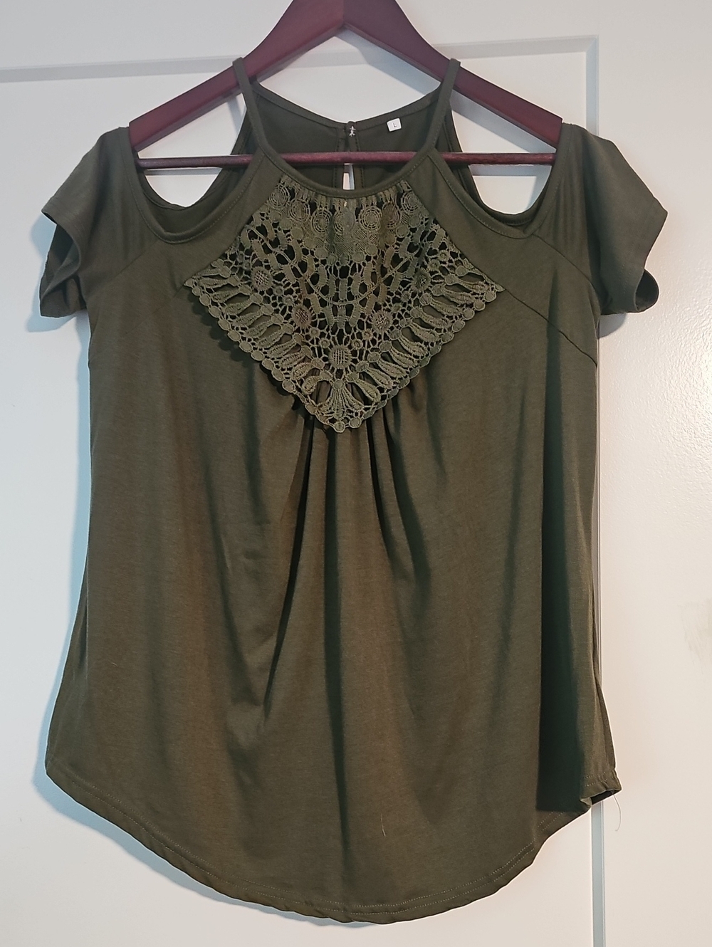 Olive Cold-Shoulder Crochet-Front Camisole. Large.